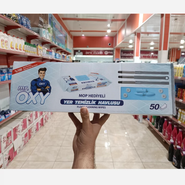 دستمال مرطوب مستر اکسی Mr. Oxy مخصوص تی بسته 50 عددی همراه با طی دسته دار