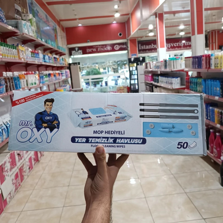 دستمال مرطوب مستر اکسی Mr. Oxy مخصوص تی بسته 50 عددی همراه با طی دسته دار